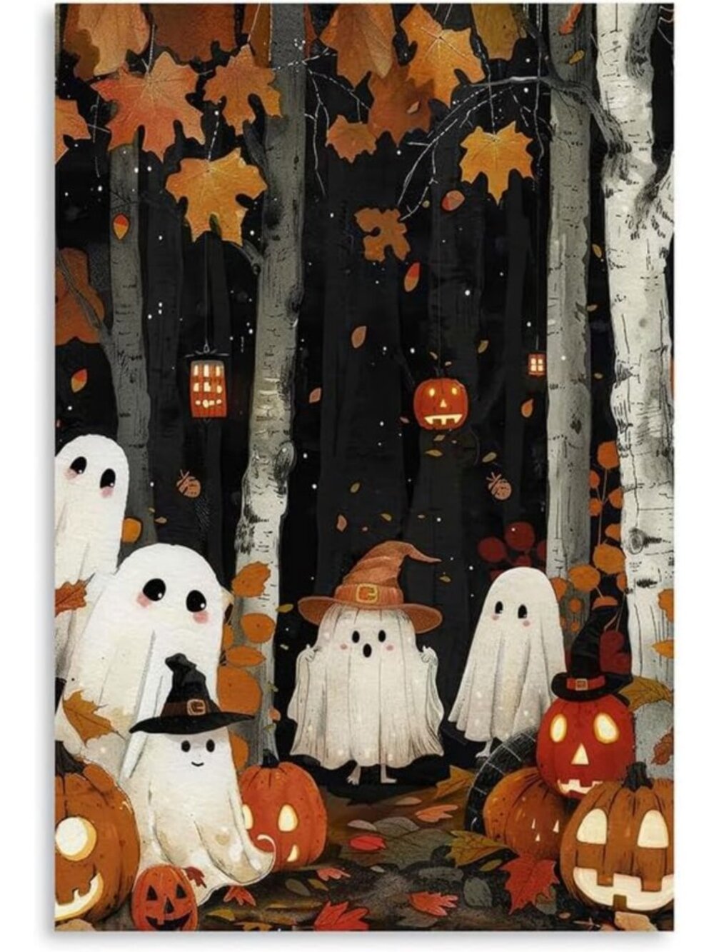 Cute Ghost Halloween Wall Art - Pumpkin Lamps & Maple Grove Canvas Print 24x32